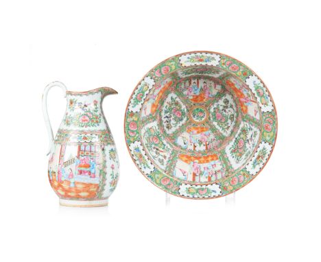 A large Canton jug and basin Chinese export porcelainPolychrome decoration depicting terraces with figures, floral compositio