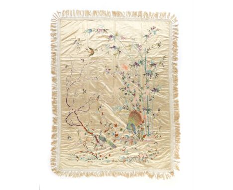 A Canton embroidered coverlet Ivory-coloured silk, embroidered with coloured and white silk threads, depicting a variety of e