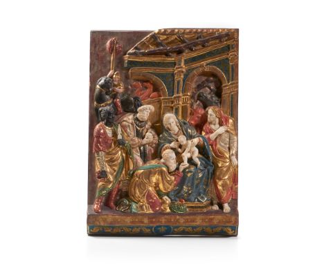 The Adoration of the Magi 16th century style high-reliefCarved, polychrome and gilt woodSome ivory elementsEurope, 20th centu