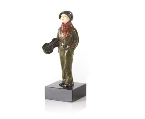 Alfred Jorel (1860-1927)A boy with a violinA patinated bronze sculpture with an ivory faceMarble stone baseSigned at the base