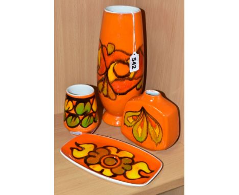 FOUR PIECES OF POOLE POTTERY FROM THE DELPHIS RANGE, comprising vase shape no 15, height 23.5cm, a smaller vase no 31, height