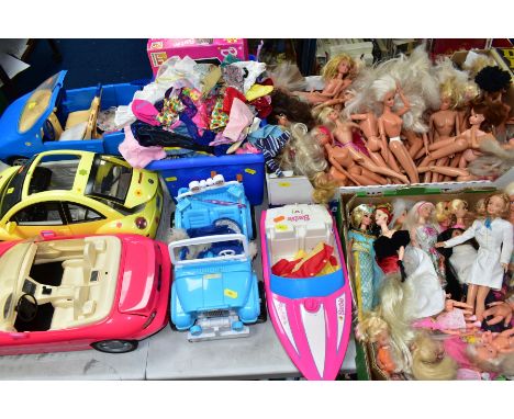 A LARGE COLLECTION OF UNBOXED ASSORTED MODERN MATTEL BARBIE DOLLS, CLOTHES, ACCESSORIES AND VEHICLES, playworn condition, inc