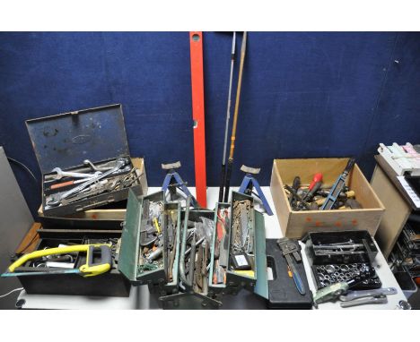A COLLECTION OF AUTOMOTIVE TOOLS to include King Dick spanners, socket sets, hammers, files, a pair of 1500kg axle stands, sp