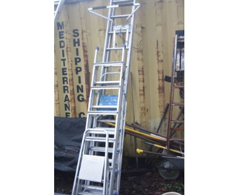 AN ALUMINIUM DOUBLE EXTENSION LADDER 3.7m long each section, a stand-off and three sets of step ladders (4)