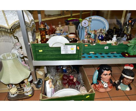 THREE BOXES AND LOOSE CERAMICS AND DECORATIVE ITEMS ETC, to include plaster busts of Native American male and female figures,