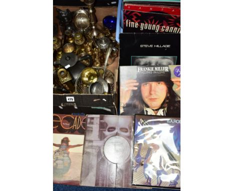 TWO BOXES OF METALWARES AND RECORDS, to include two pairs and loose brass candlesticks, brass bells and ornaments, a pewter T