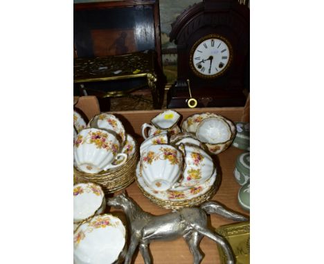 A BOX AND LOOSE CERAMICS, METALWARES, CLOCK AND PICTURES, to include a thirty nine piece Wild Bros Edna part tea set, nine pi