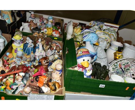 FOUR BOXES OF ORNAMENTS, DECORATIVE AND NOVELTY CERAMIC WARES to include a box of small animal ornaments and figurines, a Sta