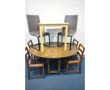 AN MODERN BEECH DINING TABLE, two grey leatherette chairs, along with oak gate leg table, and four chairs (8)