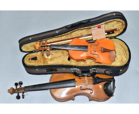 A CASED 1/10 SIZE 'THE STENTOR STUDENT I' VIOLIN, overall length 38cm, with a 44.5cm bow, and an uncased half size violin, si