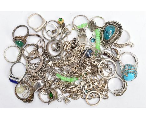 A BAG OF ASSORTED SILVER AND WHITE METAL JEWELLERY, to include six silver rings of varying designs some set with gem stones, 