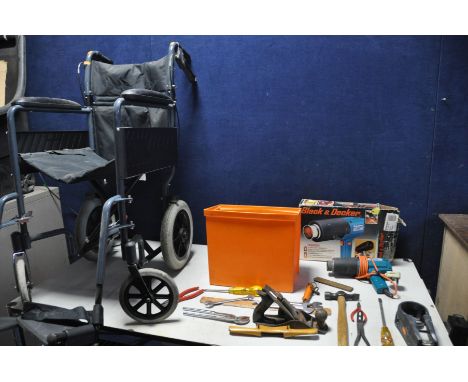 A COLLECTION OF TOOLS to include a Black and Decker HG992 heat gun, a plastic box containing various hand tools spanners, ham