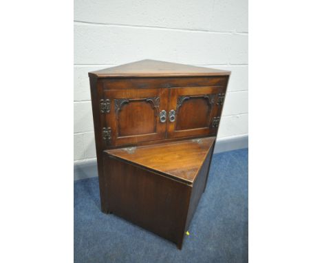 FIVE VARIOUS OAK FURNITURE, to include a lamp table with three drawers, an old charm lead glazed hanging corner cupboard, ano