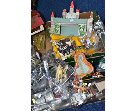 A GEE BEE TOYS WOODEN CASTLE, not complete, playworn condition, with a quantity of playworn assorted plastic, animal, soldier