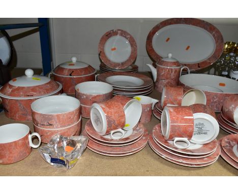 A FIFTY EIGHT PIECE VILLEROY &amp; BOCH SIENA DINNER SERVICE, with a salmon pink, marble effect pattern, comprising two turee