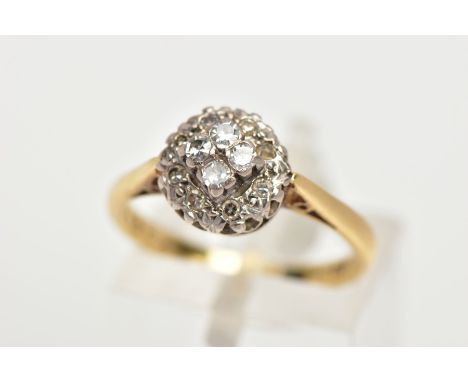 AN 18CT GOLD DIAMOND CLUSTER RING, slightly raised circular cluster ring, set with single cut diamonds, estimated total diamo