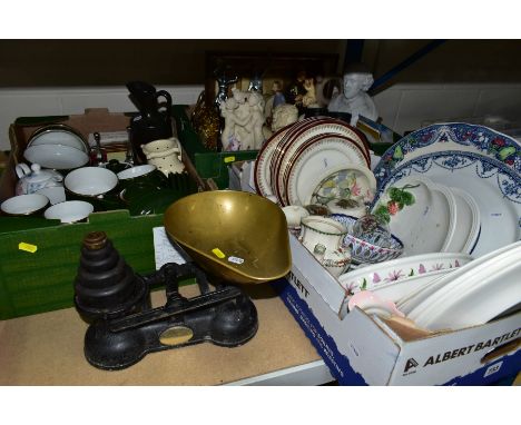 THREE BOXES AND LOOSE CERAMICS, GLASS, METALWARES, POSTCARDS AND SUNDRY ITEMS, to include a vintage set of Salter kitchen sca