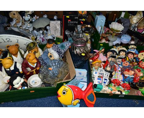 FOUR BOXES AND LOOSE DECORATIVE AND SUNDRY ITEMS ETC, to include eight novelty Bear sculptures, eleven duck sculptures, a box