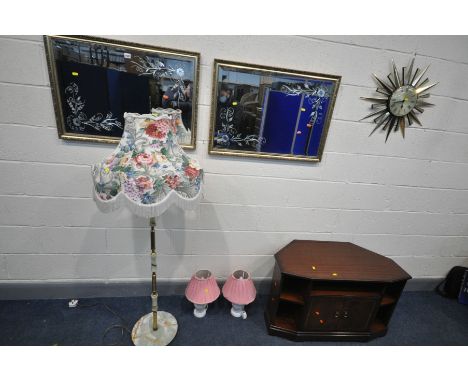 A METAMEC SUNBURST CLOCK, along with two matching wall mirrors, mahogany tv stand, brass and onyx standard lamp, and a pair o