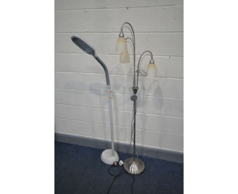 A MODERN STAINLESS STEEL STANDARD LAMP, height 159cm (working but one bulb not) and a modern work light with flexible top sec