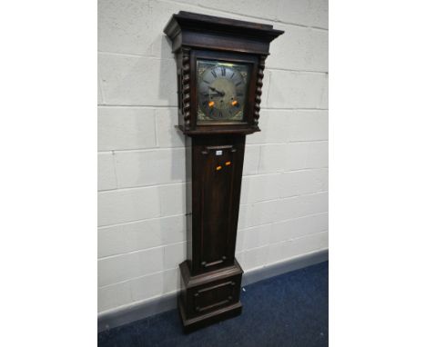 AN EARLY TO MID 20TH CENTURY OAK LONGCASE CLOCK, with a 9 inch brass and silvered dial, height 189cm (pendulum, two trunk key