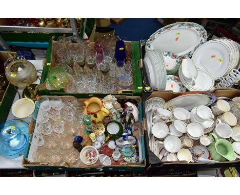 FOUR BOXES AND LOOSE CERAMICS, GLASSWARE, ETC, including Royal Doulton 'Floradora Green' pattern dinnerware, seconds, Royal W