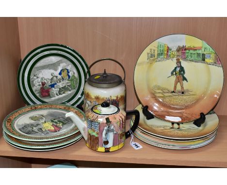EIGHT PIECES OF ROYAL DOULTON SERIES WARE, comprising Gaffers teapot D4210 (crazing to glaze), a Coaching scene biscuit barre