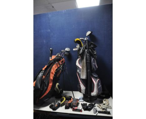 A GOLF CADDY BAG WITH CLUBS to include various Wilson, Taylor Made and King Cobra clubs along with a Wilson golf bag containi