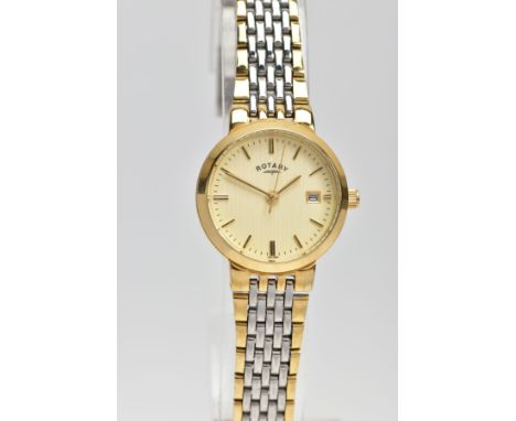 A LADYS ROTARY QUARTZ WRISTWATCH, round cream dial signed 'Rotary', baton markers, date window at the three o'clock position,