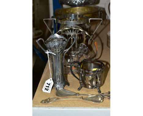 A GROUP OF WMF AND OTHER METALWARES, comprising a WMF Art Nouveau plated posy vase (missing glass insert, sd to top edge, rub