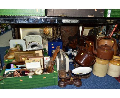 TWO BOXES AND LOOSE SUNDRY ITEMS ETC, to include cast metal Universal weighing scales with weights, Grundig TK23 reel to reel