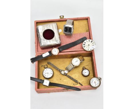 A WOODEN BOX WITH CONTENTS, small fabric lined wooden box with contents to include a silver lined pocket watch case, engine t