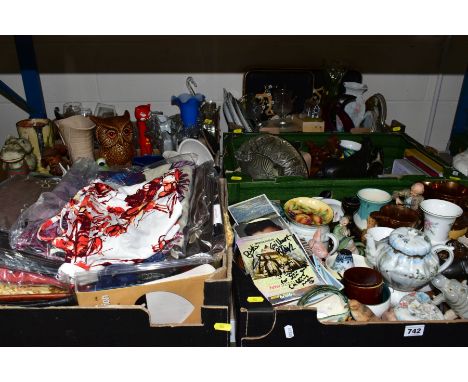 SIX BOXES OF ORNAMENTAL AND SUNDRY ITEMS ETC, to include hardstone and resin Hippopotamuses, Beswick Black Beauty and foal - 