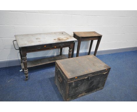 A DISTRESSED EDWARDIAN MARBLE TOP WASHSTAND  width of top 100cm depth 49cm height 72cm, a distressed tall oak occasional tabl