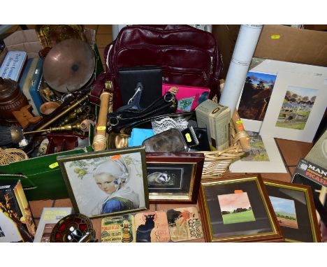 TWO BOXES AND WICKER BASKET OF SUNDRY ITEMS ETC, to include seven vintage Alfra Alessi stainless steel dishes, Merrit sewing 