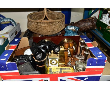 TWO BOXES AND LOOSE TECHNICAL INSTRUMENTS, KITCHENALIA, LAMP, METALWARES AND SUNDRY HOUSEHOLD ITEMS, to include four boxed or