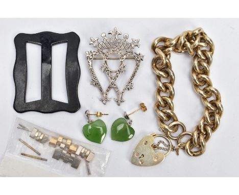 A SELECTION OF JEWELLERY ETC, to include a Scottish silver Luckenbooth brooch, a silver gilt curb link bracelet with heart pa