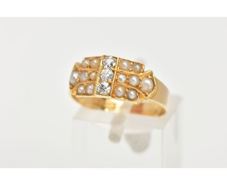 A LATE VICTORIAN 18CT GOLD DIAMOND AND SPLIT PEARL RING, designed with a central vertical row of three old cut diamonds flank
