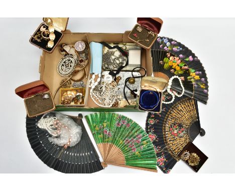 A BOX OF ASSORTED COSTUME JEWELLERY AND ITEMS, to include a quantity of early to mid-20th century jewellery pieces such as a 