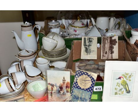 TWO BOXES AND LOOSE EPHEMERA, CERAMICS AND GLASSWARES, to include silks, postcards to include ships and scenes, a Royal Alber