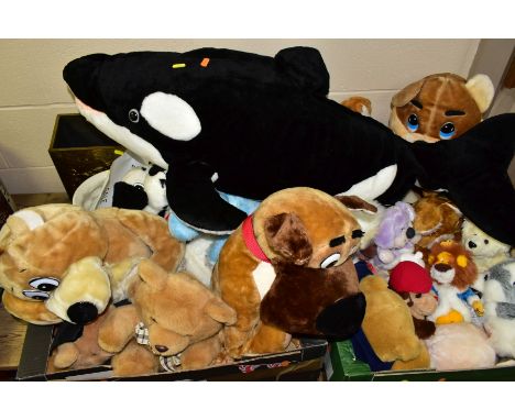 THREE BOXES AND LOOSE SOFT TOYS, PICTURES AND SUNDRY ITEMS, to include approximately twenty seven soft toys including dogs, l