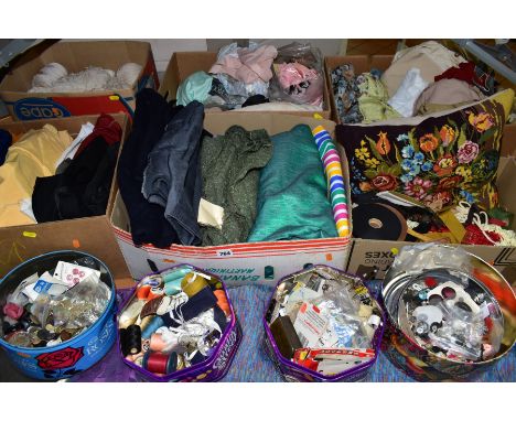 SIX BOXES OF VINTAGE FABRICS AND HABERDASHERY ITEMS, to include twenty to thirty lengths of dressmaking fabrics, varying in w