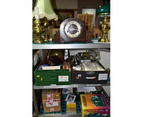 FOUR BOXES AND LOOSE SUNDRY ITEMS ETC, to include a brass oil lamp with green glass shade, two brass electric table lamps, Ar