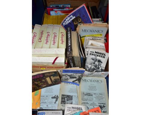 MAGAZINES, three boxes containing  Mechanics 1930-1950's, Model Engineer 1950's, Golden Hands, Crimes and Punishment, The Bri