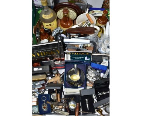 TWO BOXES OF HIPFLASKS, BELLS WHISKEY DECANTERS, OPTICS STANDS, CERAMIC BEER PULL HANDLES, ETC, including boxed Dalvey bottle