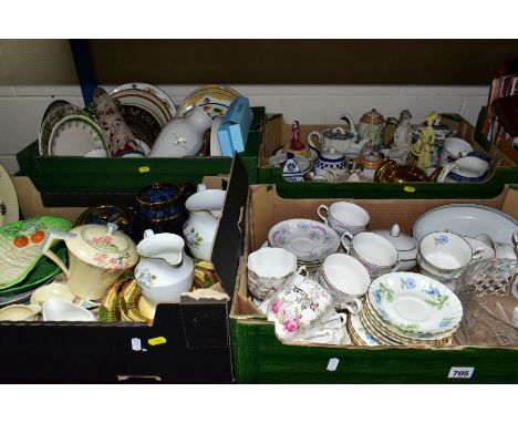 FOUR BOXES OF CERAMIC DINNER AND TEAWARES ETC, to include an Art Deco Barker Bros Tudor Ware Blossom Time nine piece part tea