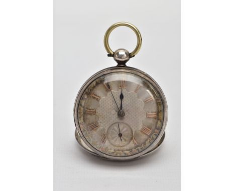 AN EARLY VICTORIAN SILVER OPEN FACE FUSEE POCKET WATCH, with subsidiary seconds dial, engine turned face, applied gold Roman 
