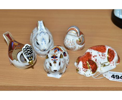 FIVE ROYAL CROWN DERBY COLLECTORS GUILD PAPERWEIGHTS, comprising 'Puppy', 'Teal Duckling', 'Bunny', 'Bank Vole' and 'Crested 