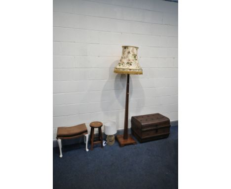 A TIN TRUNK, an oak square tapered standard lamp with fabric shade, a circular stool, dressing stool and a table lamp (5)