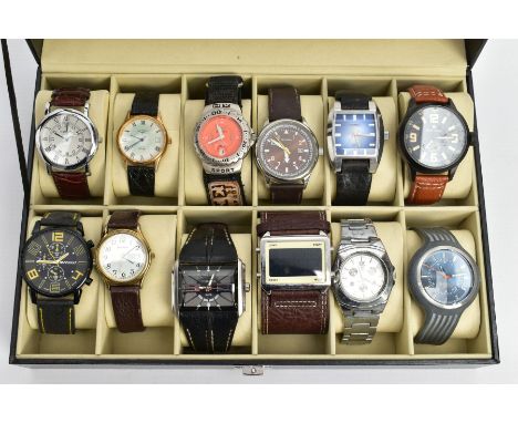 A WATCH DISPLAY CASE WITH WRISTWATCHES, black display case with a perspex lid, contains twelve watch compartments each with a